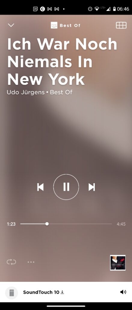 Handy-Screenshot mit Song von Udo Jürgens "Ich war noch niemals in New York"