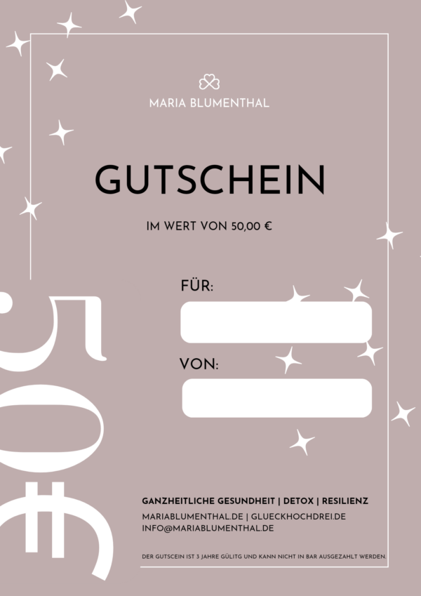 50,- Euro Gutschein - einzulösen für eine persönliche Begleitung, ein Coaching oder eine Detox-Kur.