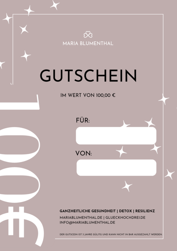 100,- Euro Gutschein - einzulösen für eine persönliche Begleitung, ein Coaching oder eine Detox-Kur.