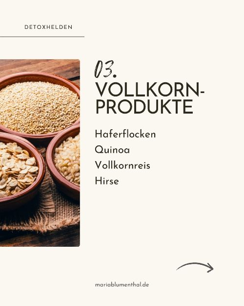 Vollkornprodukte wie Haferflocken, Vollkornreis oder Quinoa versorgen den Darm mit wichtigen Pflanzenfasern und sorgen damit für eine gesunde Verdauung.